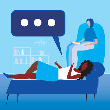 Psychotherapist and afro patient as multicultural psychotherapy concept, flat vector stock illustration of psychotherapy session