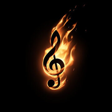 Treble clef silhouette in fire flames