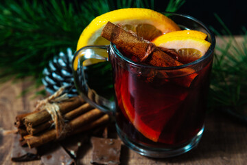 Hot mulled wine in glass mug