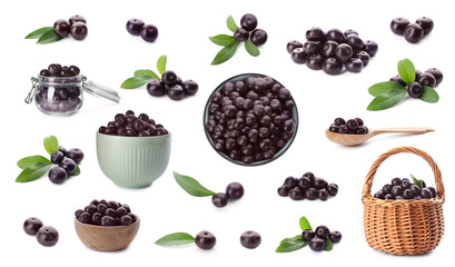 Set of fresh acai berries on white background