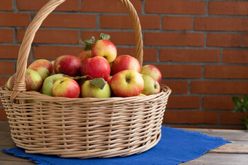 there is a basket of apples picked from the garden on the table