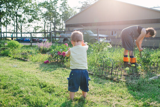 A little boy helping his mom garden.