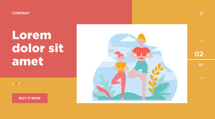 Mother and daughter doing fitness outdoors flat vector illustration. Cartoon female characters training healthy exercise in park. Sport workout and leisure concept