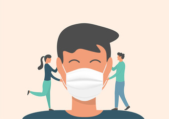 How to wear the mask correctly. The man presenting the correct method of wearing a mask, To reduce the spread of germs, viruses, and bacteria. Illustration about wear the mask