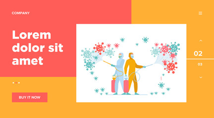 Sanitary workers in protective suits spreading chemicals on virus and disinfecting surface. Vector illustration for coronavirus epidemic, bio hazard, disinfection concept