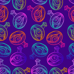 Fototapeta na wymiar Vector seamless abstract pattern of lined ornamental eyes in test tube on purple