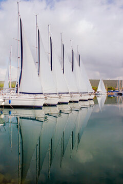 Yachts and open sails ligned up in marina