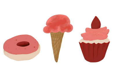 Sweet treats Trio of Donut, Ice Cream and cupcake.  Hand drawn desserts illustration in pastel colors