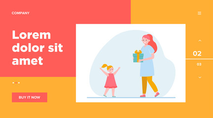 Happy mother holding gift for little daughter. Present, kid, love flat vector illustration. Parenthood and family concept for banner, website design or landing web page