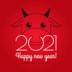 Happy new year 2021. Year of the ox. Celebration vector template for banner, calendar, invitation. Cute zodiac sign of the bull with ring of 2021 on red bg. 
