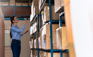 Woman staff working in local warehouse checking stock