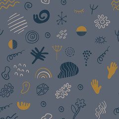 Seamless pattern with abstract hand drawn squiggles on gray background. Vector illustration.