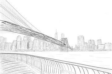 Manhattan Bridge Illustration, New York concept, b/w sketch
