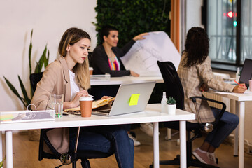 Portrait of a young female businesswoman working in an office while sitting at a table with colleagues in the background.
