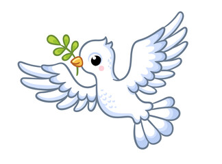 Cute white dove with a twig in its beak flies on a white background. Vector illustration with a bird.