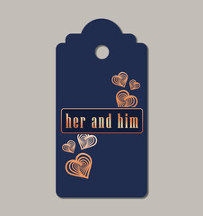 Wedding Her and Him tag on grey background, top view
