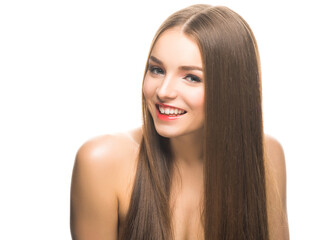 Fototapeta premium Young beautiful model with make up blinking and smiling at camera isolated on white.