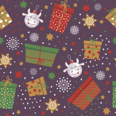 seamless background with gifts Christmas toys and gingerbread