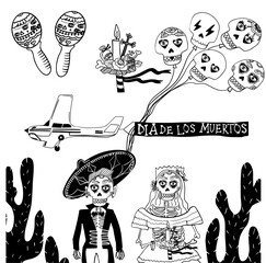 Halloween party. Dia de los muertos. Calavera Catharina. Mexican sugar skull. Skeleton sits playing maracas on all saints day death. Vector doodle skull icon for cards, posters, stickers and design.