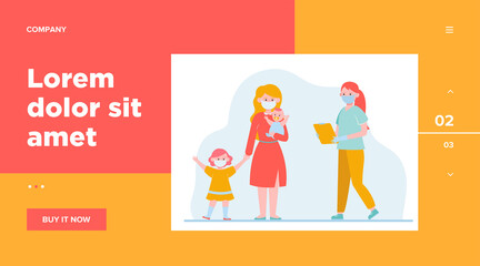 Mother with little children visiting pediatrician. Doctor in face mask meeting patient flat vector illustration. Medical examination, virus concept for banner, website design or landing web page