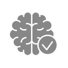 Brain with tick checkmark gray icon. Internal organ symbol