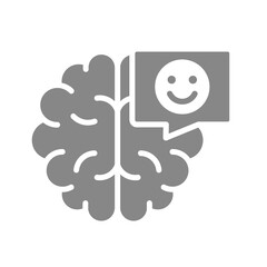 Brain with happy face in chat bubble gray icon. Healthy internal organ symbol.