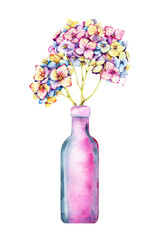 Sprig of hydrangea flowers in a bottle, hand drawn watercolor illustration isolated on white background. For the design of wedding print products, invitations, congratulations, cover, clipart