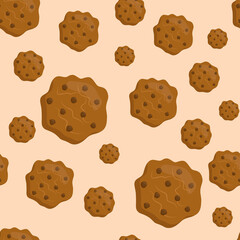 Vector illustration of a seamless pattern of kawaii cute cookies with different sizes of chocolate.