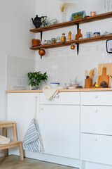 white kitchen interior. Scandinavian interior design in light colors with plants and accessories.