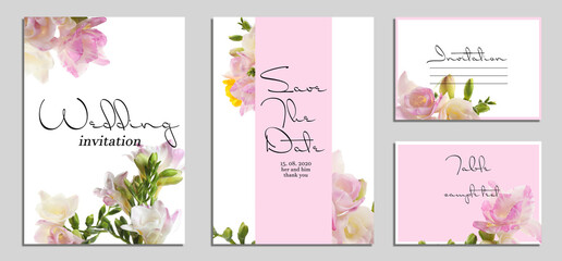 Fototapeta na wymiar Beautiful wedding invitations and cards with floral design on light background, top view