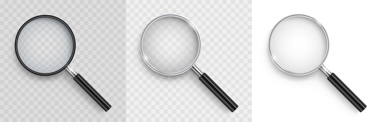Realistic Magnifying glass set. 3D vector magnifying glases with shadow on a transparent background - stock vector.