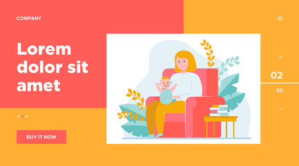Mother sitting in armchair and holding little baby. Kid, infant, toddler flat vector illustration. Family and parenting concept for banner, website design or landing web page