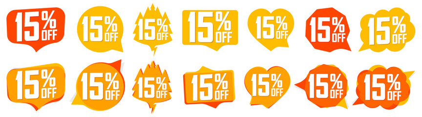 Set Sale 15% off speech bubble banners, discount tags design template, extra deals, vector illustration