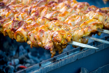 juicy shish kebab on coals on skewers