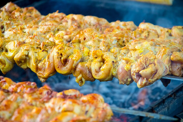 juicy shish kebab on coals on skewers