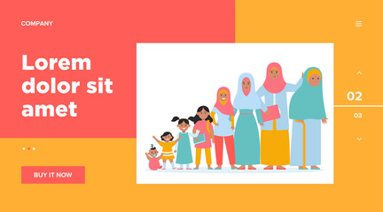 Muslim woman in different age. Adult, child, grandma flat vector illustration. Growth cycle and generation concept for banner, website design or landing web page