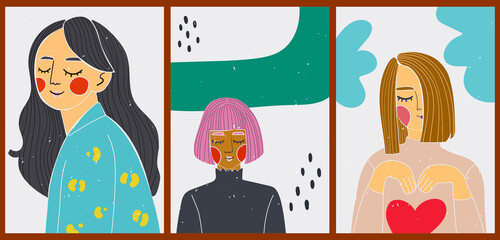 Bright minimalist contrasting posters. A set of modern backgrounds for your social media, stories. Portrait of a young and stylish girl. Cartoon illustrations with lovely women, geometric shapes.