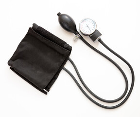 Medical sphygmomanometer isolated on white background, top view.