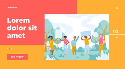 People standing with placards in park. Protest, banner, opinion flat vector illustration. Democracy and social position concept for banner, website design or landing web page