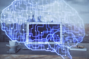 Multi exposure of work space with computer and human brain hologram. Brainstorm concept.