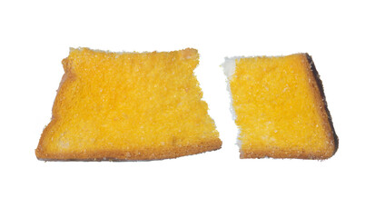 Baked crispy bread with butter and sugar on white background