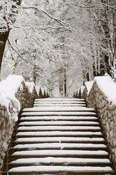 Snowy steps and stone walls