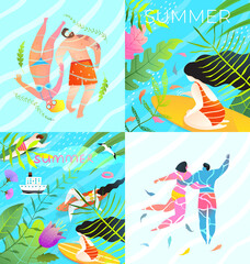 Fototapeta na wymiar Collection of card designs or flyers for summer paradise and sea vacation activities. Artistic colorful hand drawn vector design.
