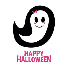 Cute girl ghost with pink blush, bow and Happy Halloween lettering. Holiday greeting card. Isolated on white background. Vector stock illustration.