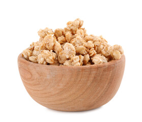 Tasty crispy granola in wooden bowl isolated on white