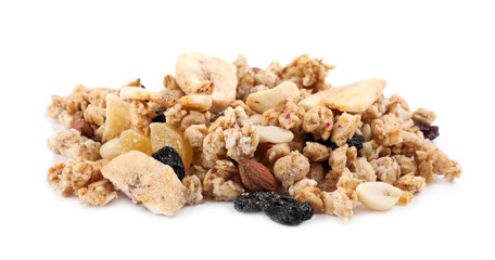 Heap of tasty crispy granola on white background