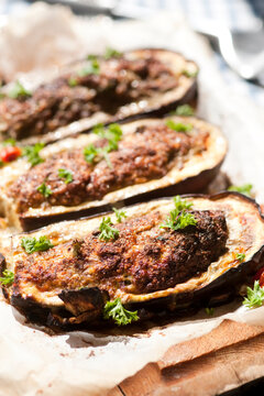 Eggplant filled with mince meat.
