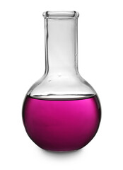 Glass boiling flask with purple liquid sample isolated on white. Laboratory analysis