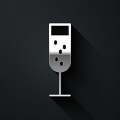 Silver Glass of champagne icon isolated on black background. Long shadow style. Vector Illustration.
