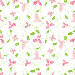 seamless pattern with pink flowers and green leaves